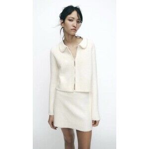 Zara Women’s Ivory Pearl Trim Knit Two Piece Set Cardigan Mini Skirt Size Small